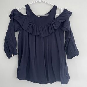 Maeve Anthropologie Navy Blue Cold Shoulder Ruffle Blouse Shirt Size 0